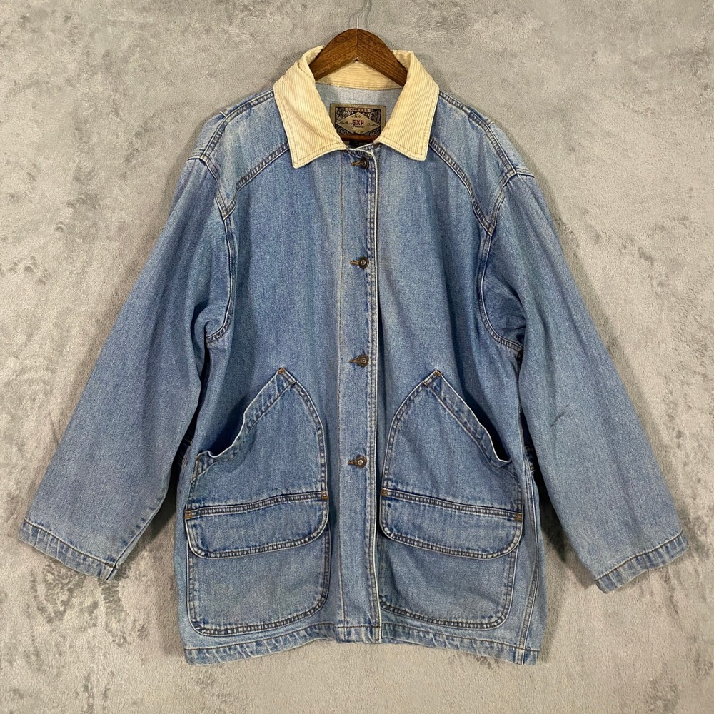 Express Denim Barn Chore Jacket Sz L Blue Corduroy Collar Vintage 90s Utility